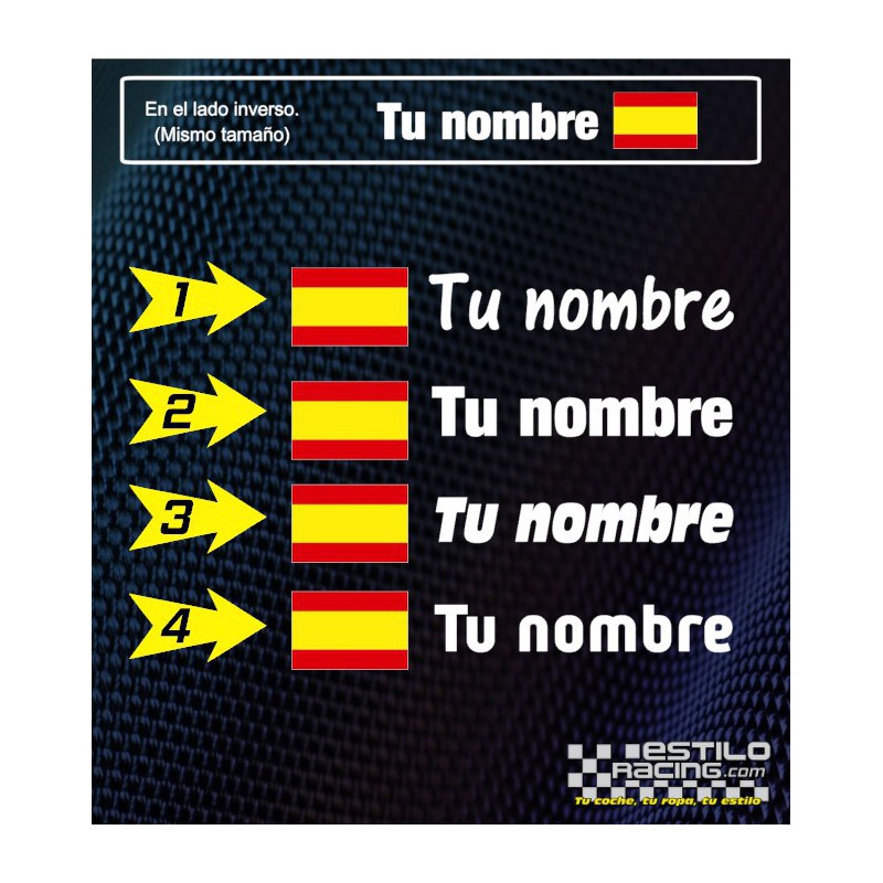 Pegatina nombre piloto bandera España cuadrada